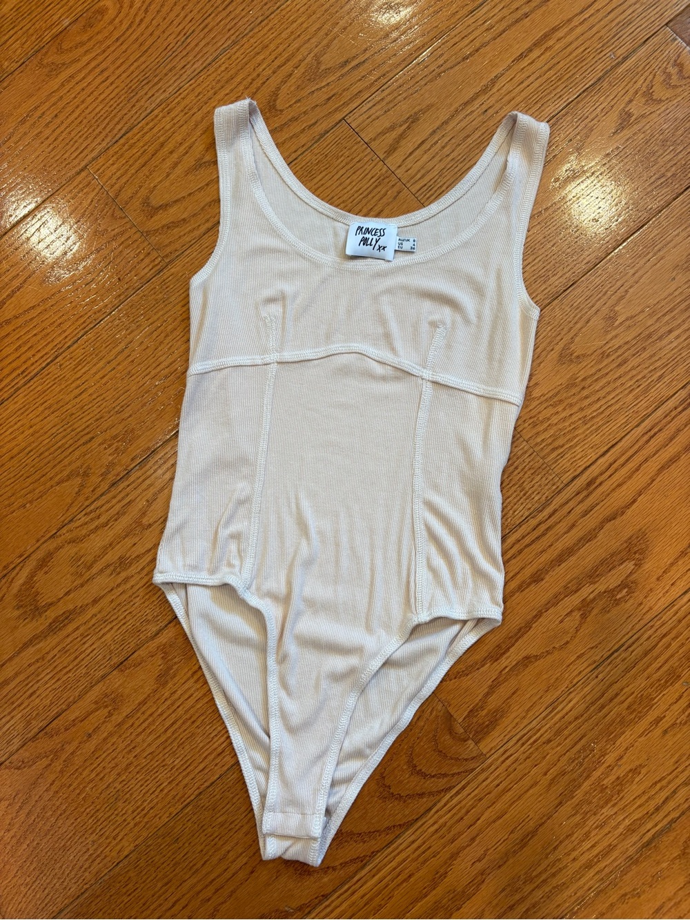 Princess Polly Ribbed Seam Detail Bodysuit Cream Beige Size 4 Minimalist Tank